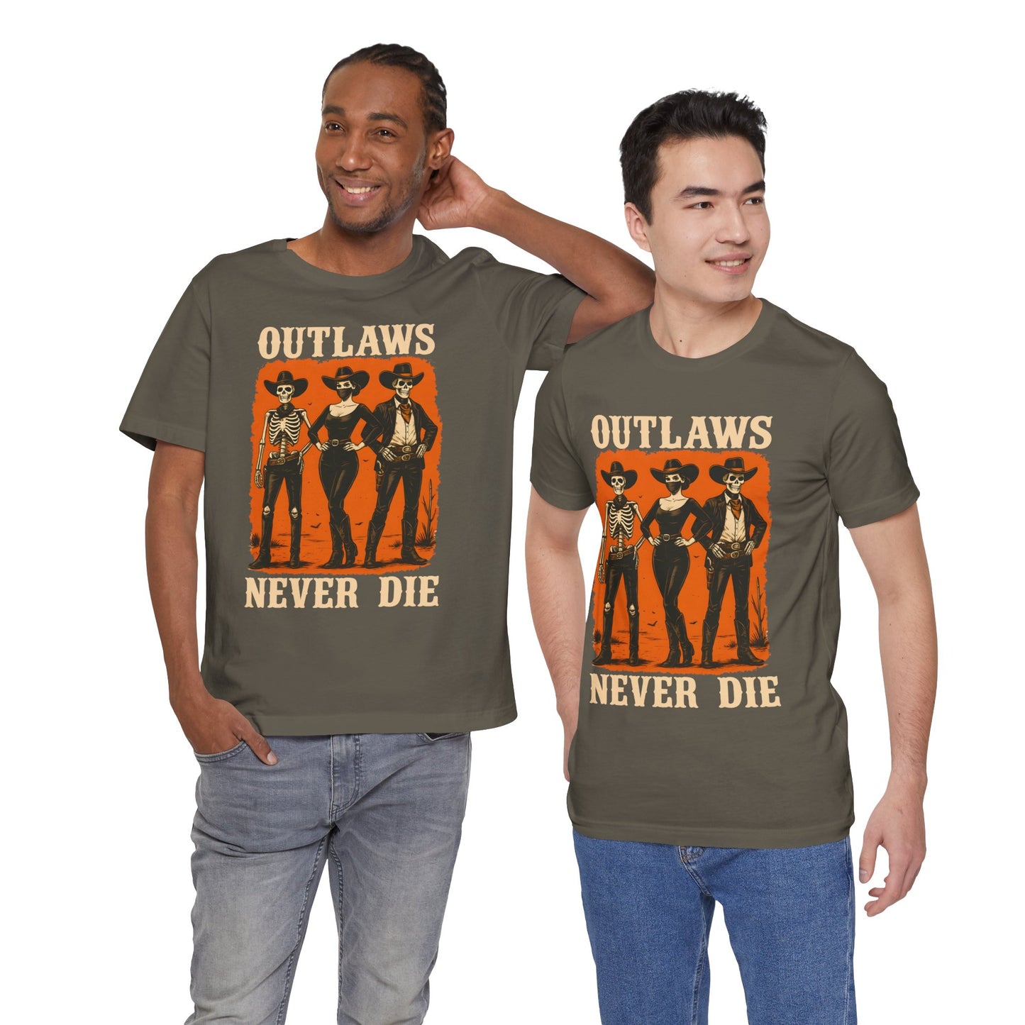 Outlaws Never Die Shirt – Gothic Western Skeleton Cowboy Halloween Tee