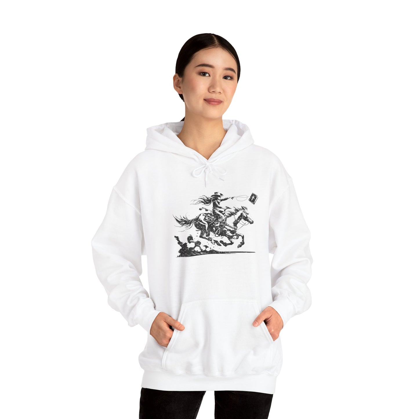 Cowgirl Riding Horse Hoodie – Christian Scripture Western Rodeo Texas Pullover
