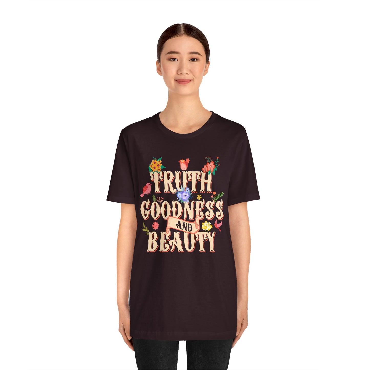 Truth Goodness and Beauty Shirt – Retro Floral Christian Virtue Faith Tee for Women
