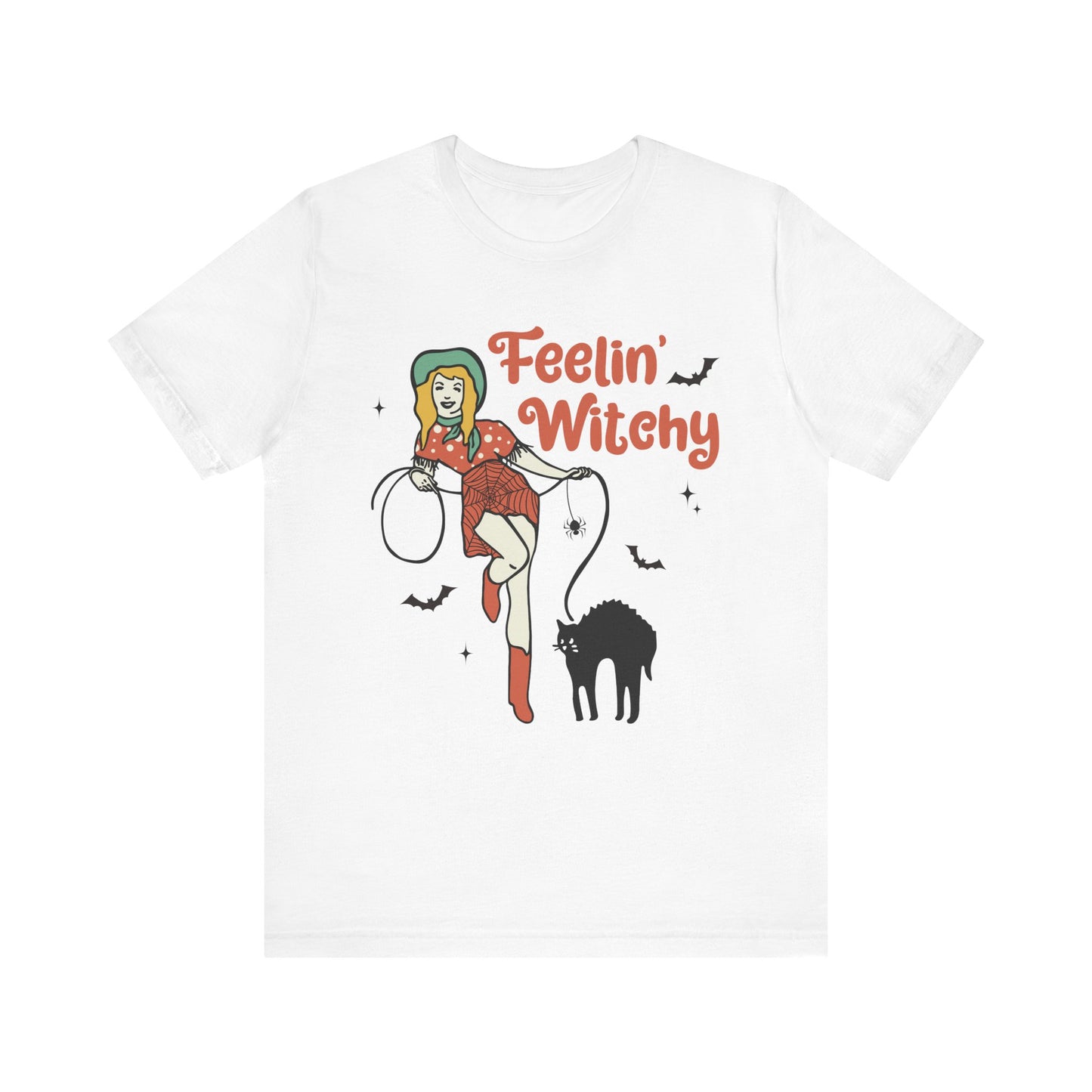 Feelin’ Witchy Shirt Vintage Pin-Up Witch & Black Cat Halloween Tee