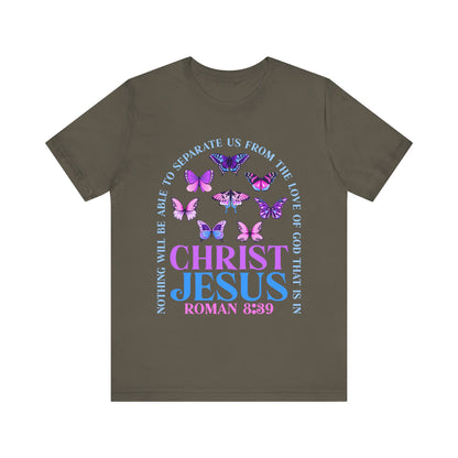 The Love of God in Christ Jesus Shirt – Boho Butterfly Romans 8:39 Faith Tee