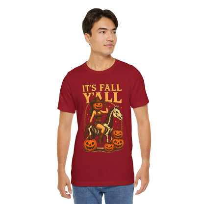 It’s Fall Y’all Shirt – Pumpkin Head Cowgirl Skeleton Horse Western Tee