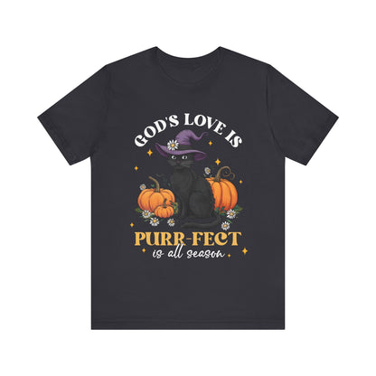 God’s Love Is Purr-fect Shirt – Cute Christian Black Cat Pumpkin Fall Faith Tee