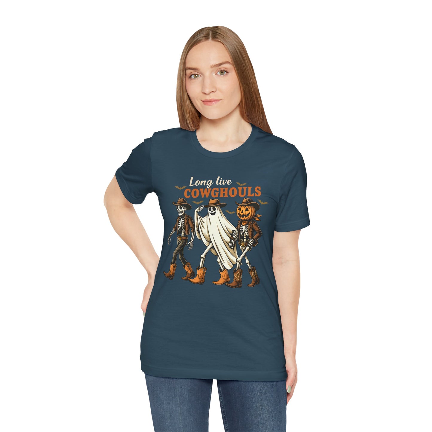 Long Live Cowghouls Shirt Western Halloween Skeleton Ghost Pumpkin Tee, Spooky Cowgirl Fall Outfit