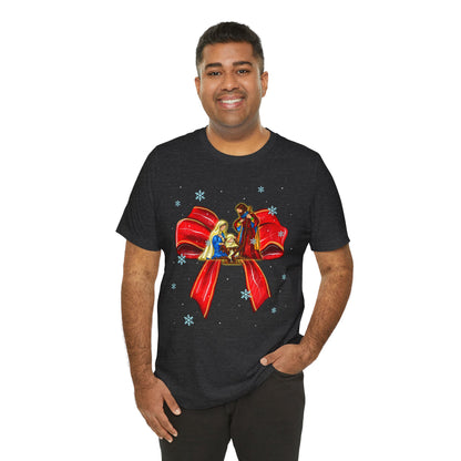 Nativity Scene Christmas Shirt – Coquette Bow Faith Tee, Jesus Holiday Pajama Top