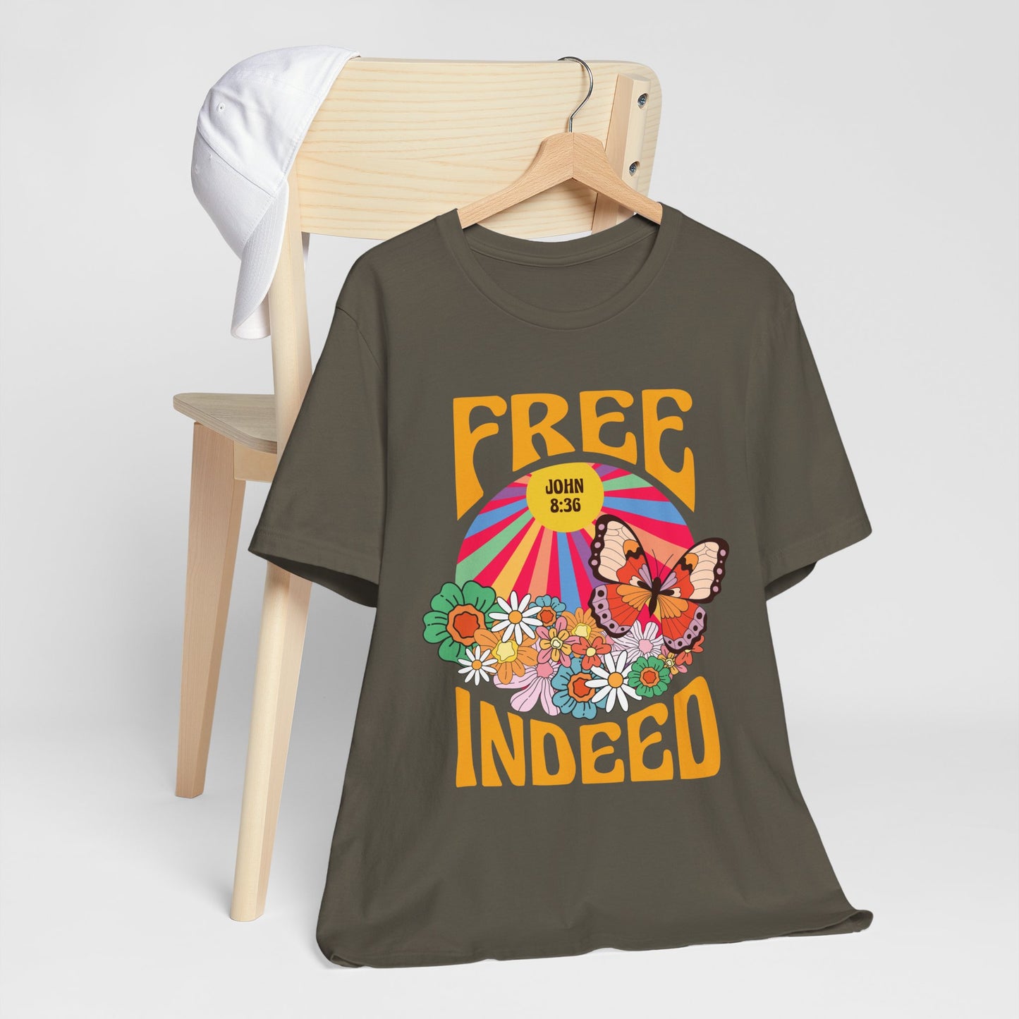 Free Indeed Shirt – Retro Flowers & Butterflies 80s John 8:36 Christian Tee