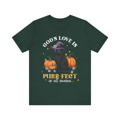 God’s Love Is Purr-fect Shirt – Cute Christian Black Cat Pumpkin Fall Faith Tee