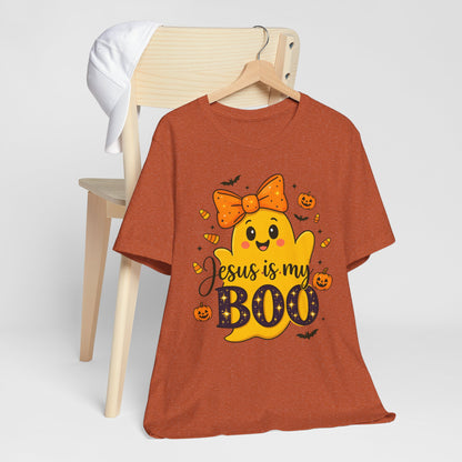 Jesus Is My Boo Shirt – Cute Christian Ghost with Bow Halloween Faith Tee
