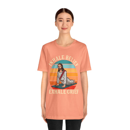 Jesus Inhale Belief Exhale Grief Shirt – Christian Yoga Retro Faith Wellness Tee