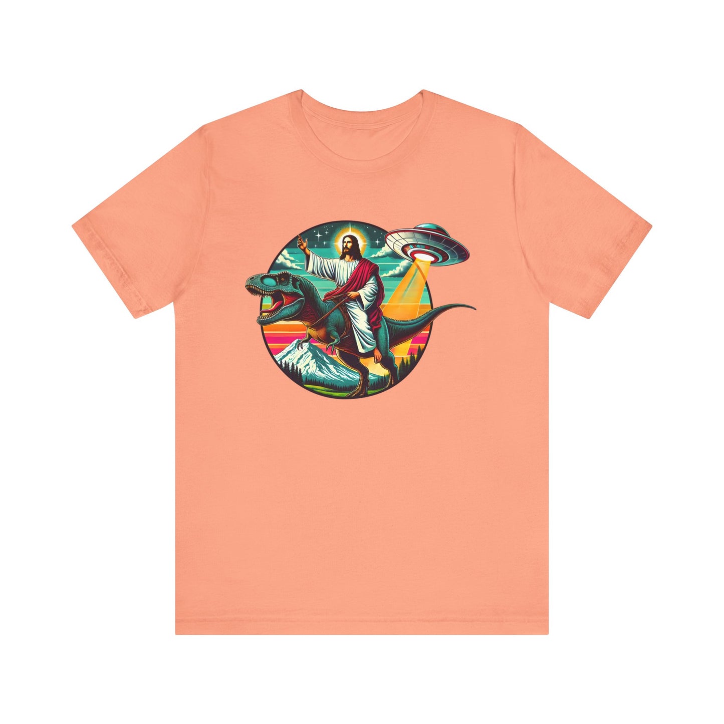 Jesus Riding Dinosaur Shirt – UFO Alien Cross Retro Christian God Tee