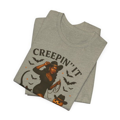 Creepin’ It Country Shirt – Spooky Cowgirl Pumpkin Western Halloween Tee