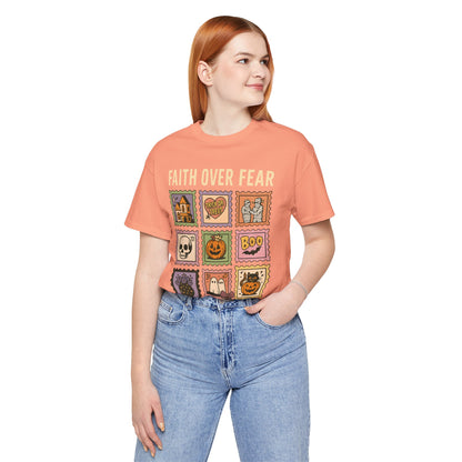 Faith Over Fear Shirt, Christian Halloween Stamp T-Shirt, Religious Spooky Season Tee