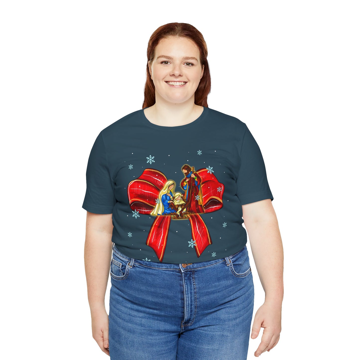 Nativity Scene Christmas Shirt – Coquette Bow Faith Tee, Jesus Holiday Pajama Top