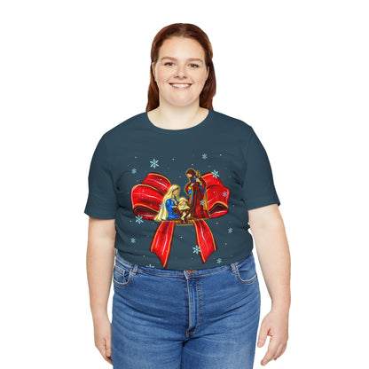 Nativity Scene Christmas Shirt – Coquette Bow Faith Tee, Jesus Holiday Pajama Top
