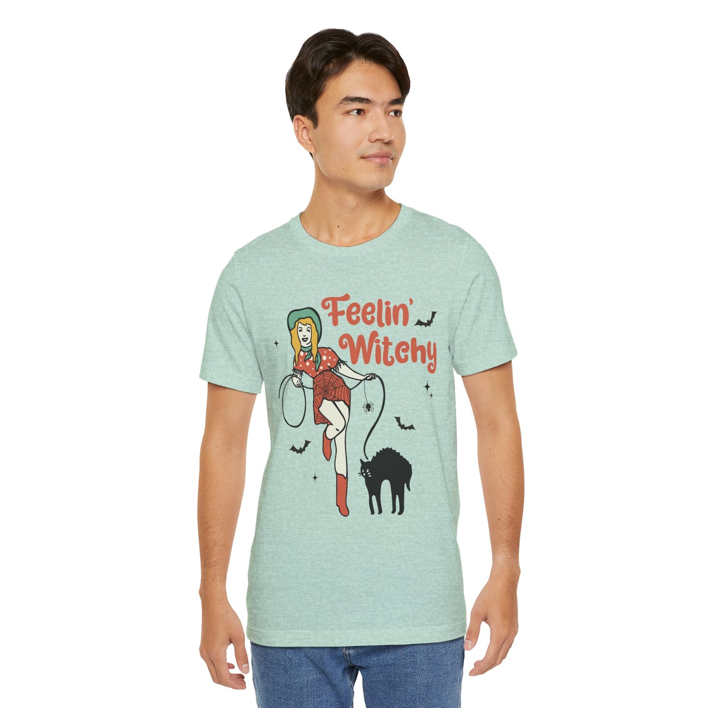 Feelin’ Witchy Shirt Vintage Pin-Up Witch & Black Cat Halloween Tee