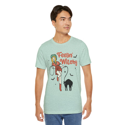 Feelin’ Witchy Shirt Vintage Pin-Up Witch & Black Cat Halloween Tee
