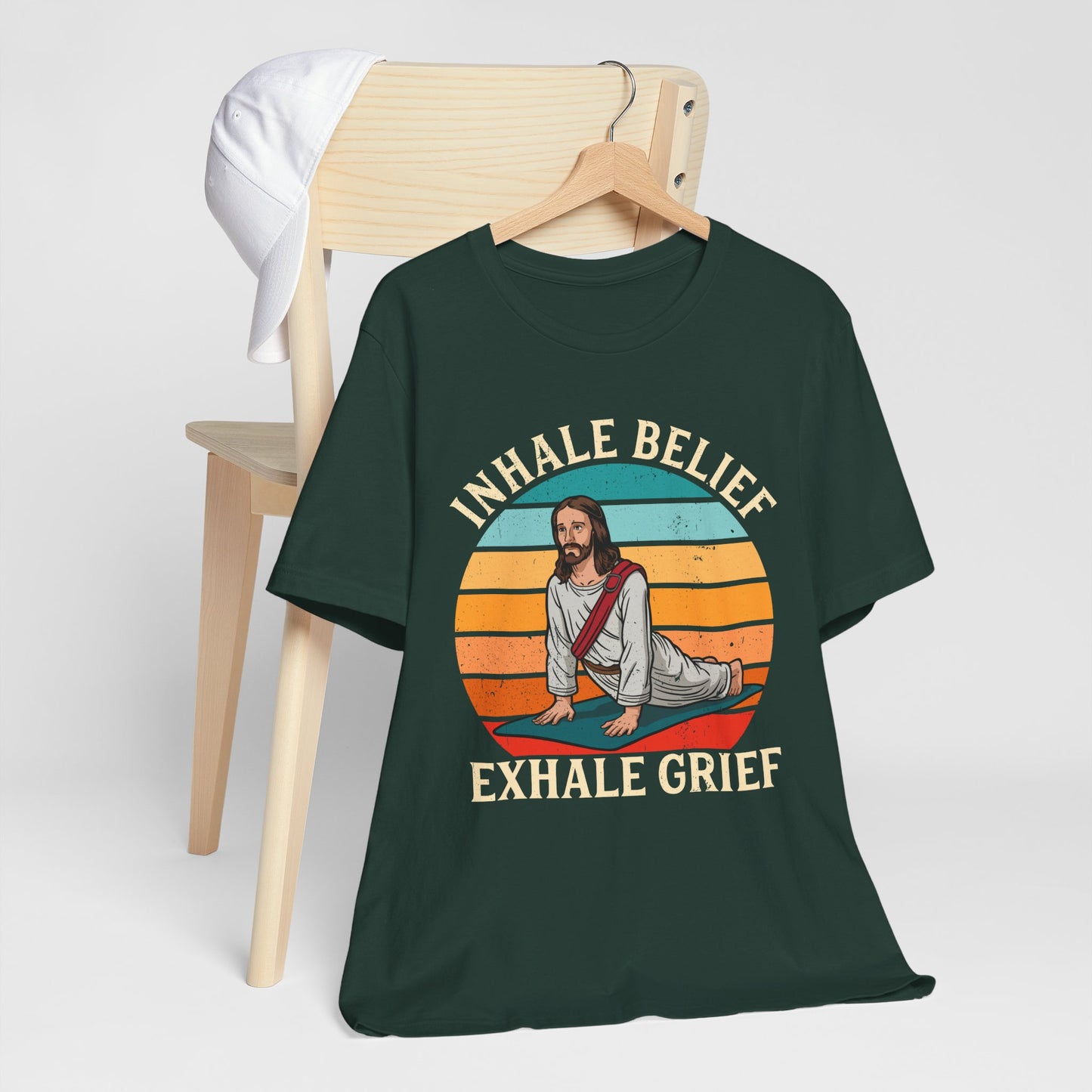 Jesus Inhale Belief Exhale Grief Shirt – Christian Yoga Retro Faith Wellness Tee