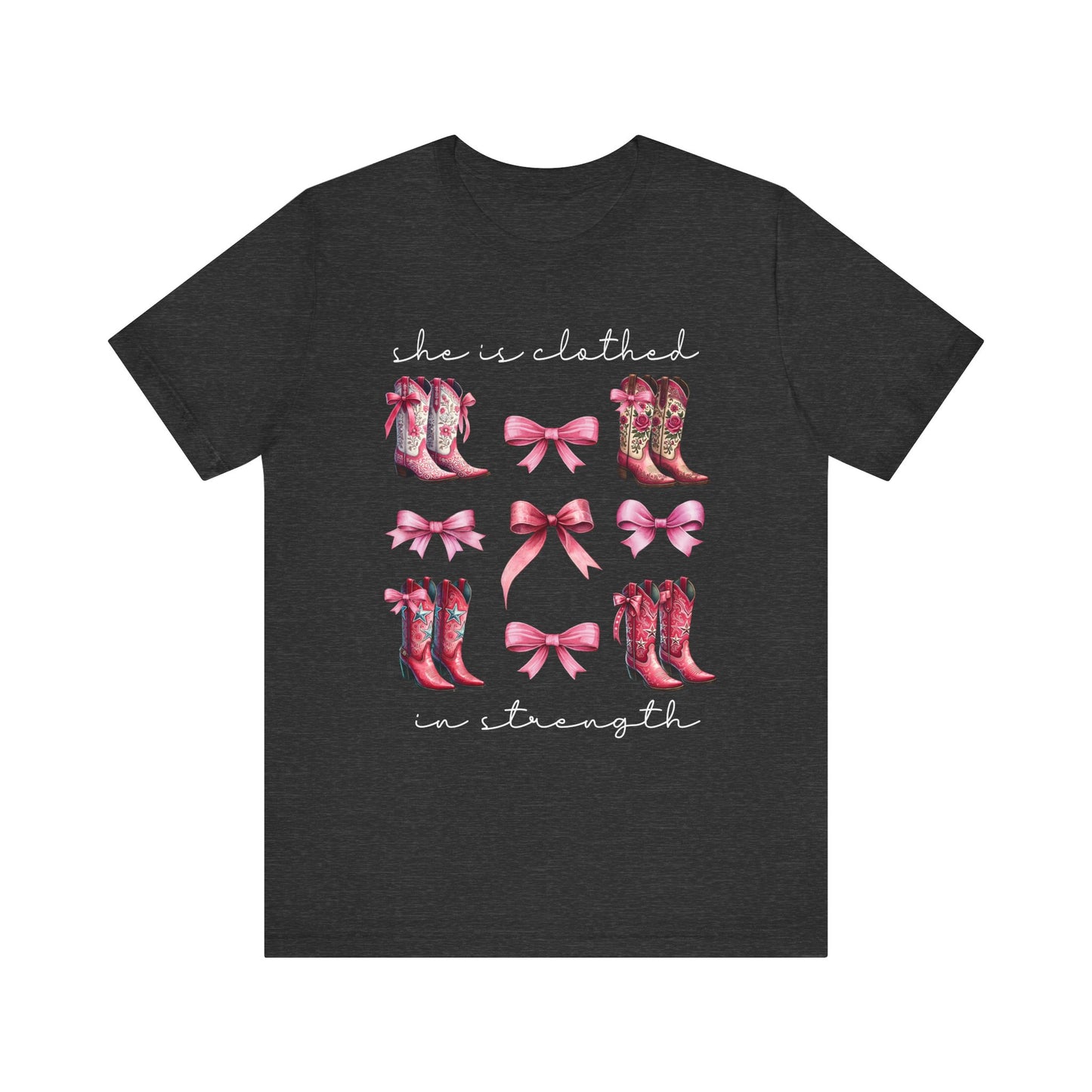 She Is Clothed in Strength Shirt – Western Boots Coquette Christian Tee