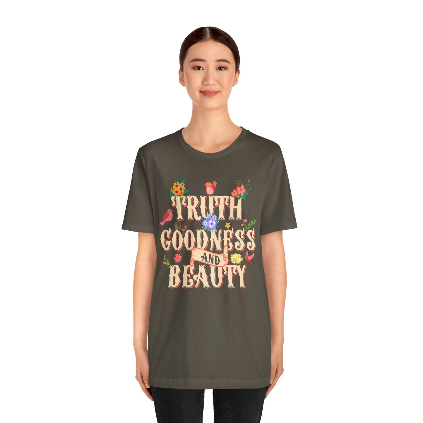 Truth Goodness and Beauty Shirt – Retro Floral Christian Virtue Faith Tee for Women