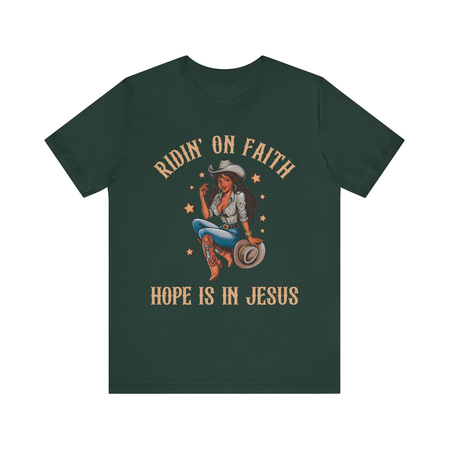 Ridin’ On Faith Cowgirl Shirt – Black Christian Western Jesus Tee