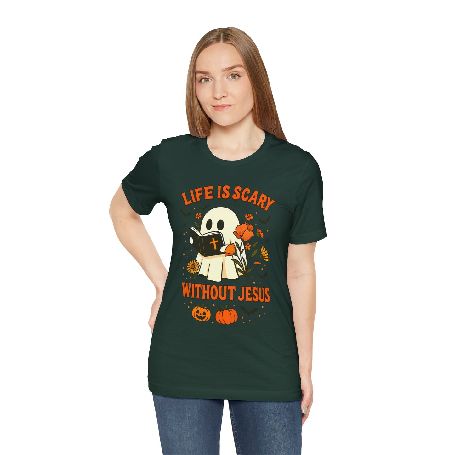 Life Is Scary Without Jesus Shirt – Cute Christian Ghost Halloween Tee