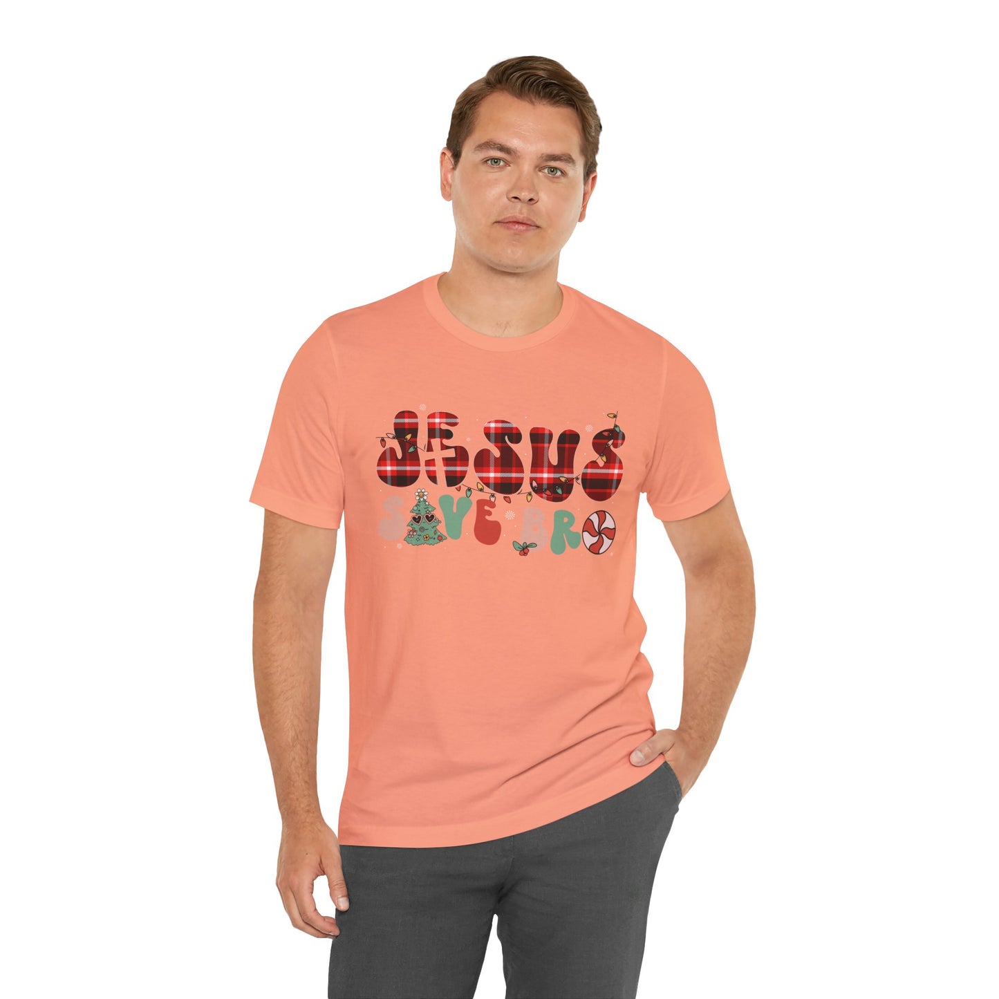 Groovy Jesus Saves Bro Shirt – Retro Red Plaid Christian Christmas Tee
