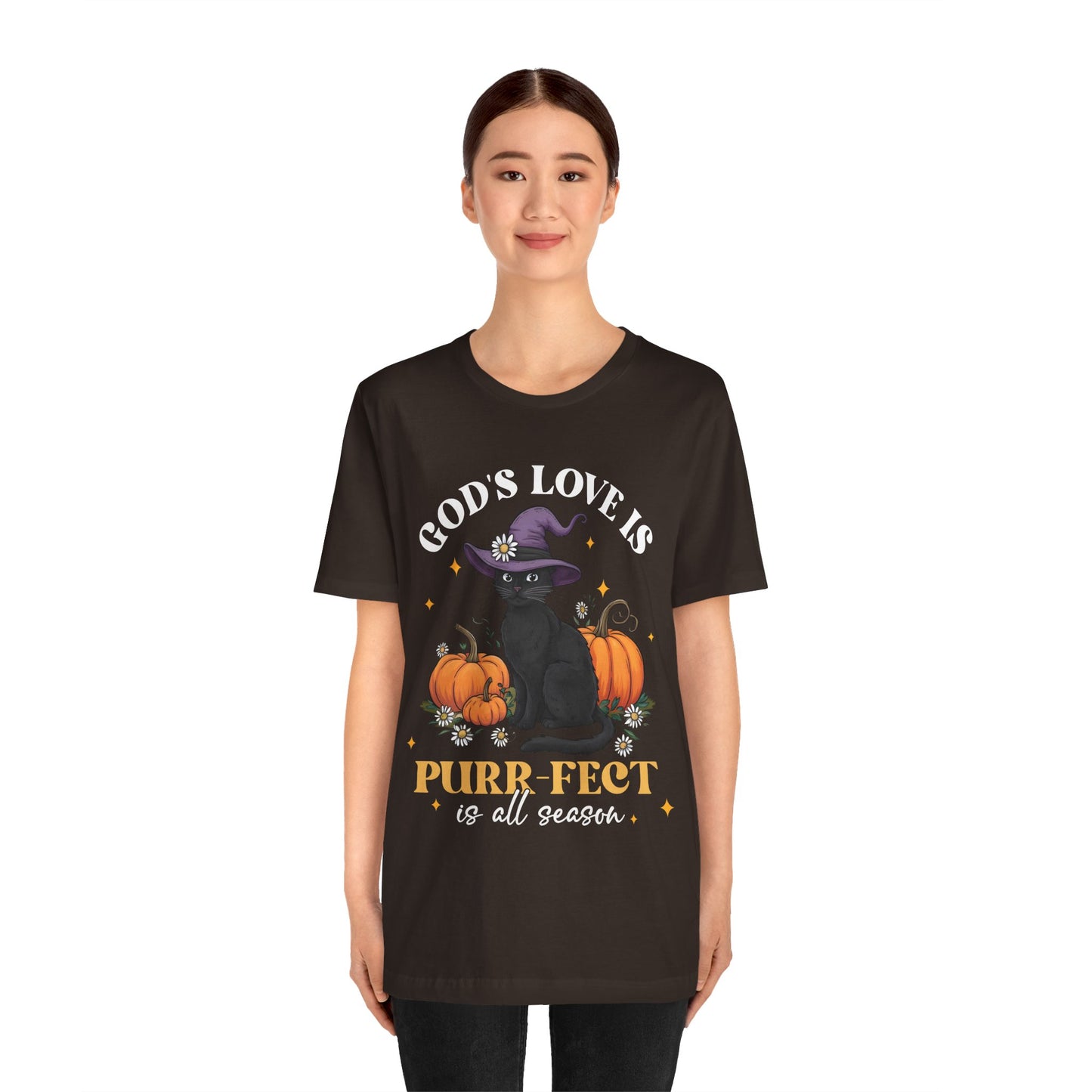God’s Love Is Purr-fect Shirt – Cute Christian Black Cat Pumpkin Fall Faith Tee