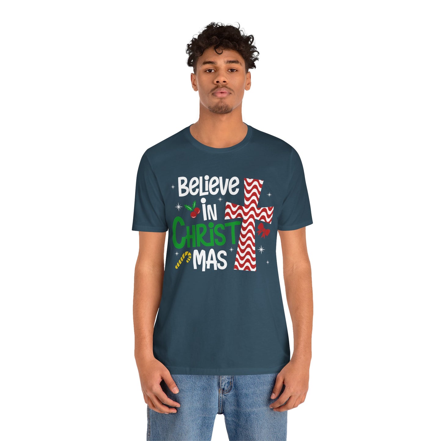 Believe in Christ Christmas Shirt – Christian Faith Jesus Cross Holiday Tee
