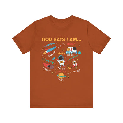 God Says I Am Kids Shirt – Christian Astronaut Space Galaxy Bible Affirmation Tee