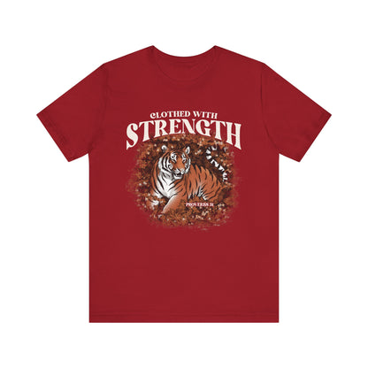 Clothed With Strength Shirt – Christian Tiger Cherry Blossom Proverbs 31:25 Tee