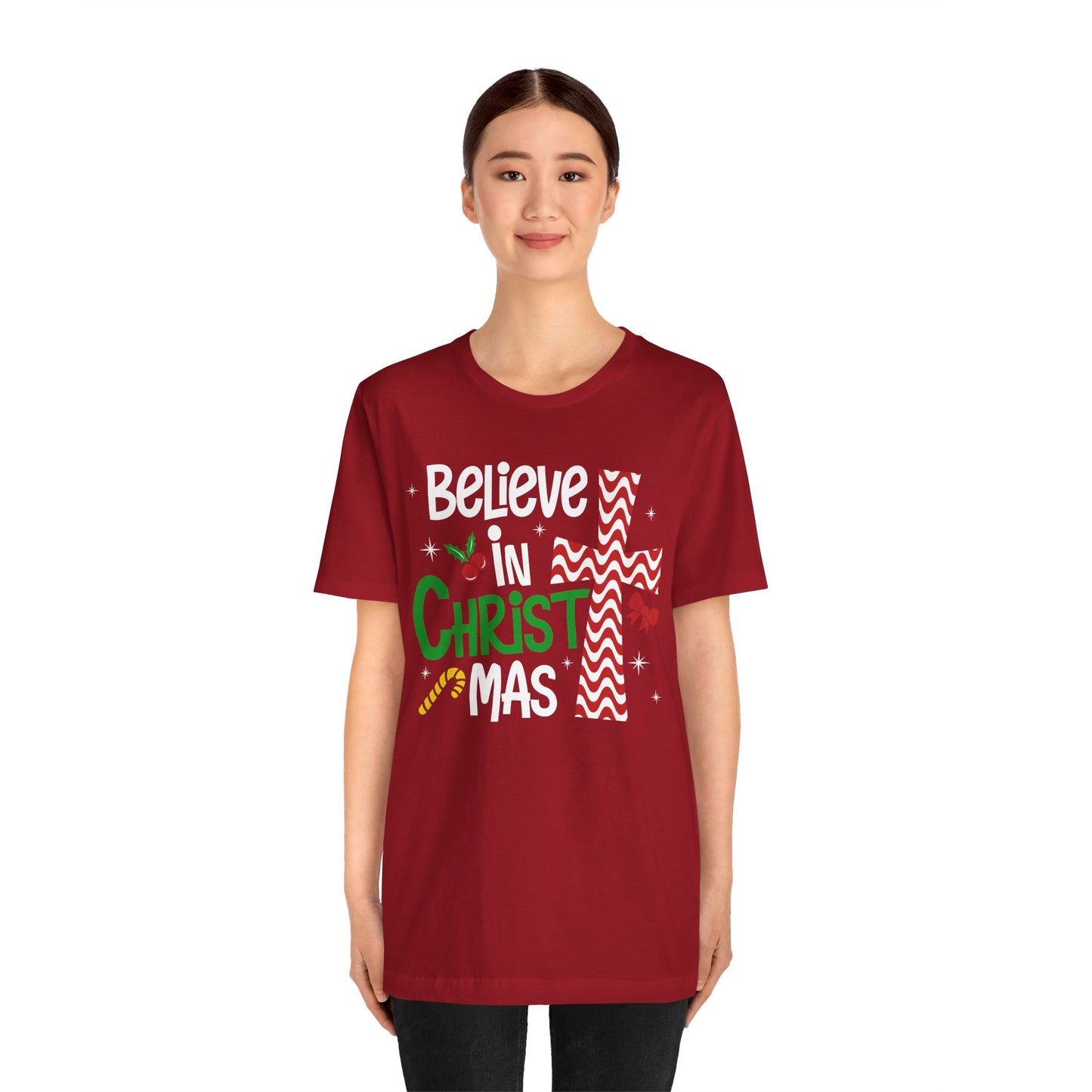 Believe in Christ Christmas Shirt – Christian Faith Jesus Cross Holiday Tee