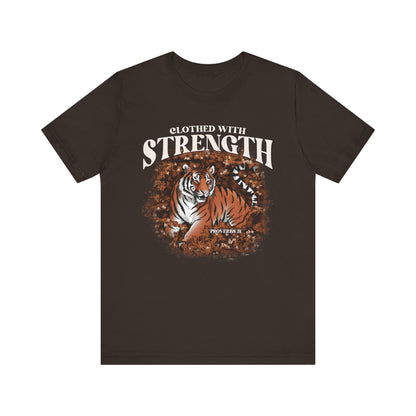 Clothed With Strength Shirt – Christian Tiger Cherry Blossom Proverbs 31:25 Tee