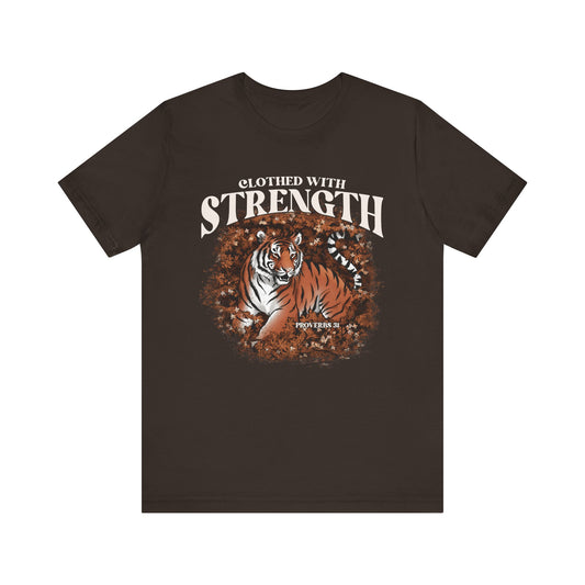 Clothed With Strength Shirt – Christian Tiger Cherry Blossom Proverbs 31:25 Tee