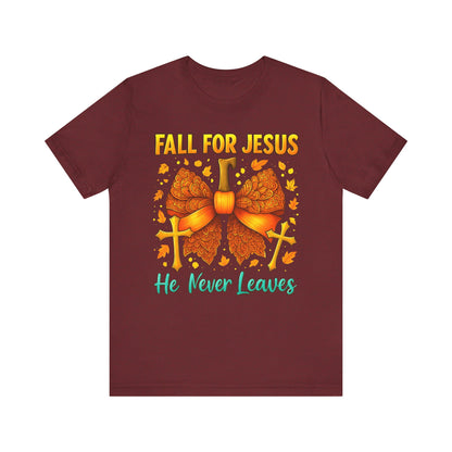 Fall for Jesus He Never Leaves Shirt – Christian Pumpkin Bow Thanksgiving Tee
