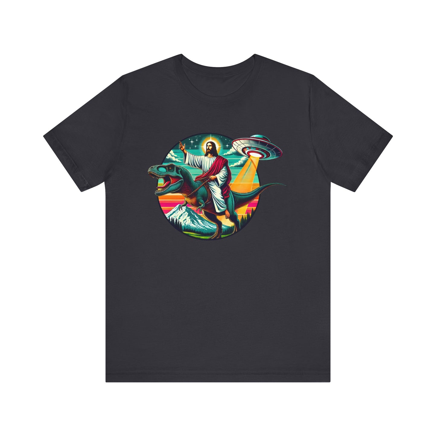 Jesus Riding Dinosaur Shirt – UFO Alien Cross Retro Christian God Tee