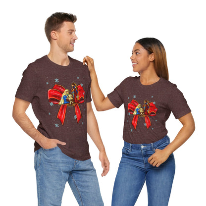 Nativity Scene Christmas Shirt – Coquette Bow Faith Tee, Jesus Holiday Pajama Top