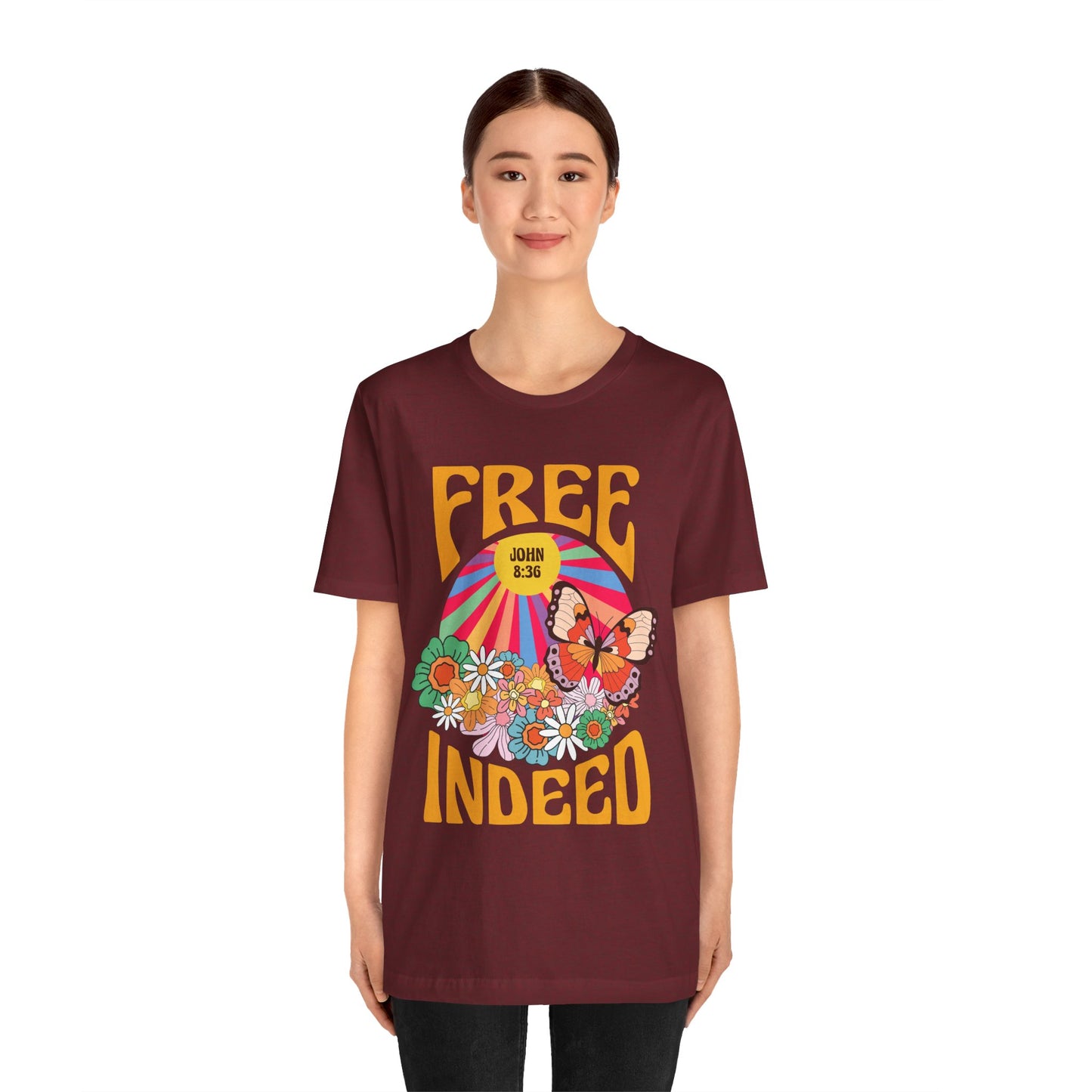 Free Indeed Shirt – Retro Flowers & Butterflies 80s John 8:36 Christian Tee