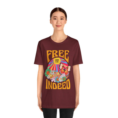 Free Indeed Shirt – Retro Flowers & Butterflies 80s John 8:36 Christian Tee