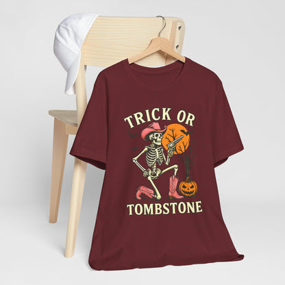 Trick or Tombstone Shirt Funny Skeleton Cowboy Halloween Tee, Spooky Western Rodeo Outfit