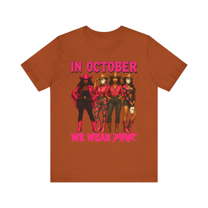 In October We Wear Pink Shirt – Western Cowgirl Squad Halloween Awareness Tee
