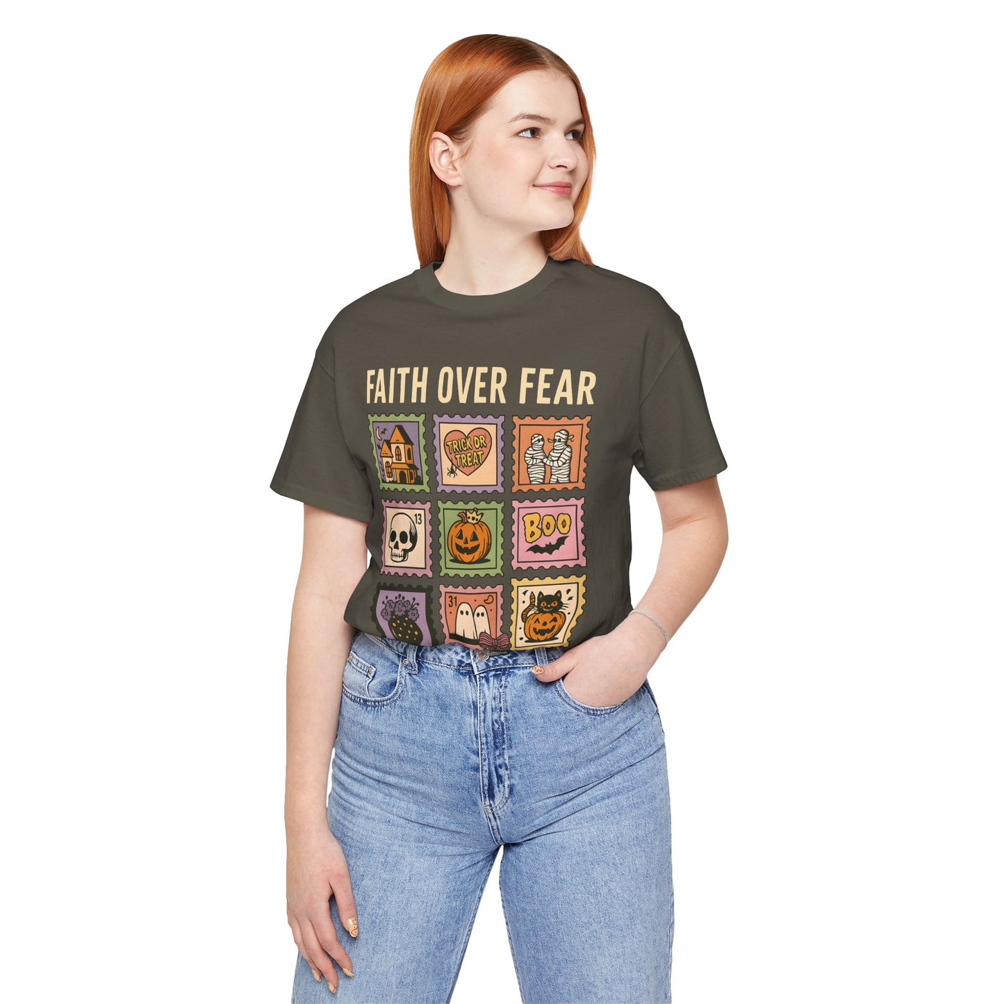 Faith Over Fear Shirt, Christian Halloween Stamp T-Shirt, Religious Spooky Season Tee