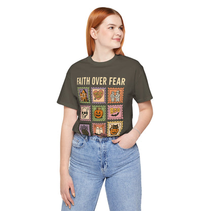 Faith Over Fear Shirt, Christian Halloween Stamp T-Shirt, Religious Spooky Season Tee