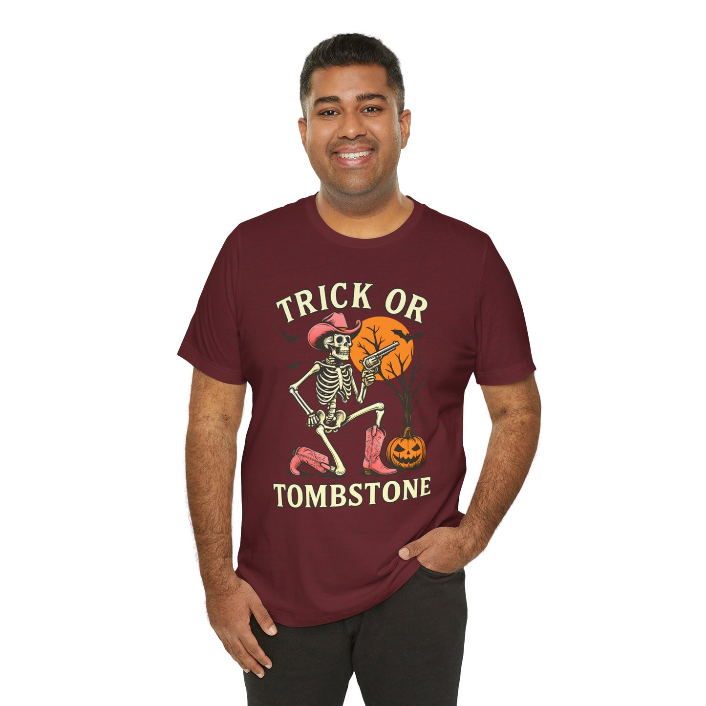 Trick or Tombstone Shirt Funny Skeleton Cowboy Halloween Tee, Spooky Western Rodeo Outfit