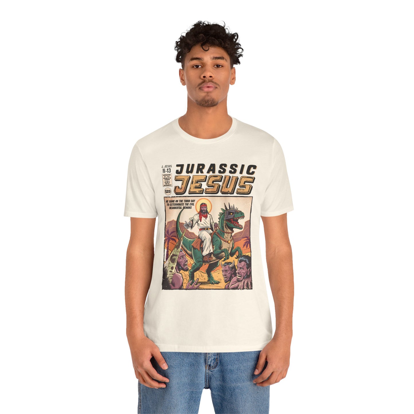 Jurassic Jesus Shirt – Dino-Riding Savior Comic Book Christian Tee