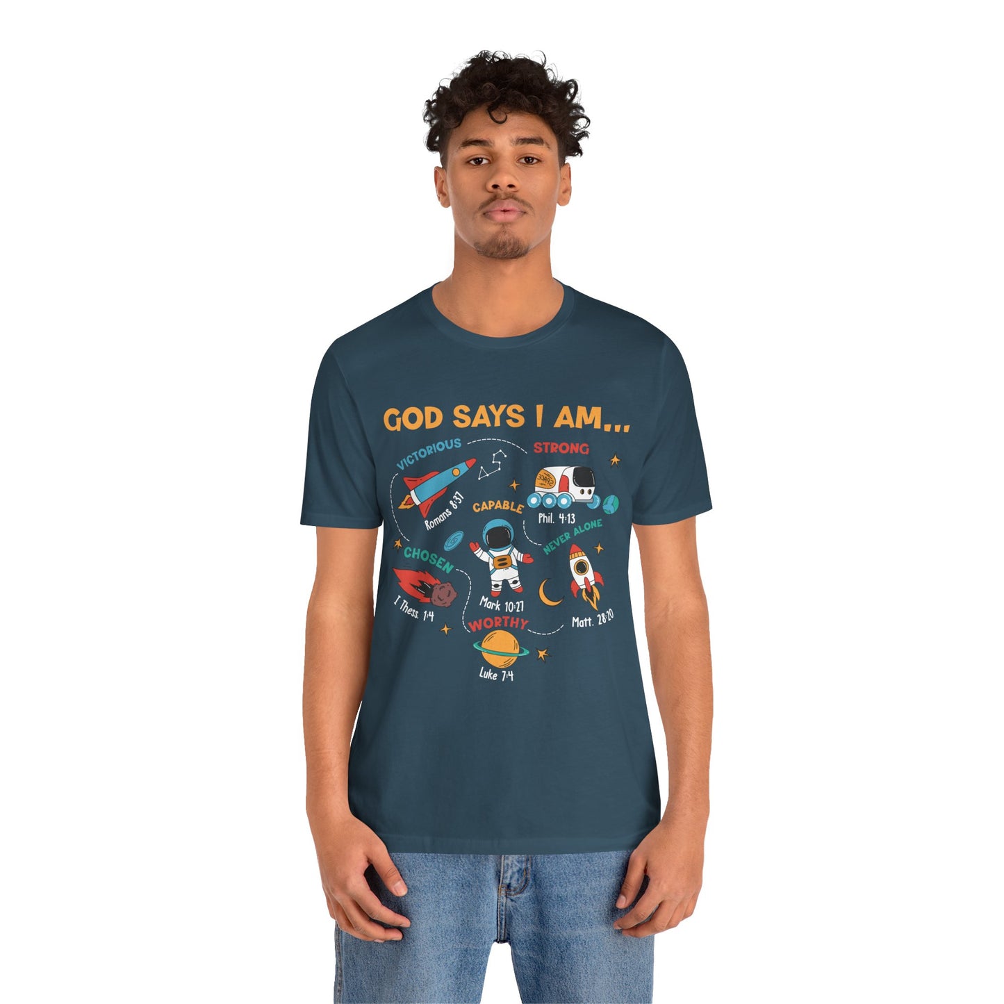 God Says I Am Kids Shirt – Christian Astronaut Space Galaxy Bible Affirmation Tee