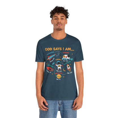 God Says I Am Kids Shirt – Christian Astronaut Space Galaxy Bible Affirmation Tee