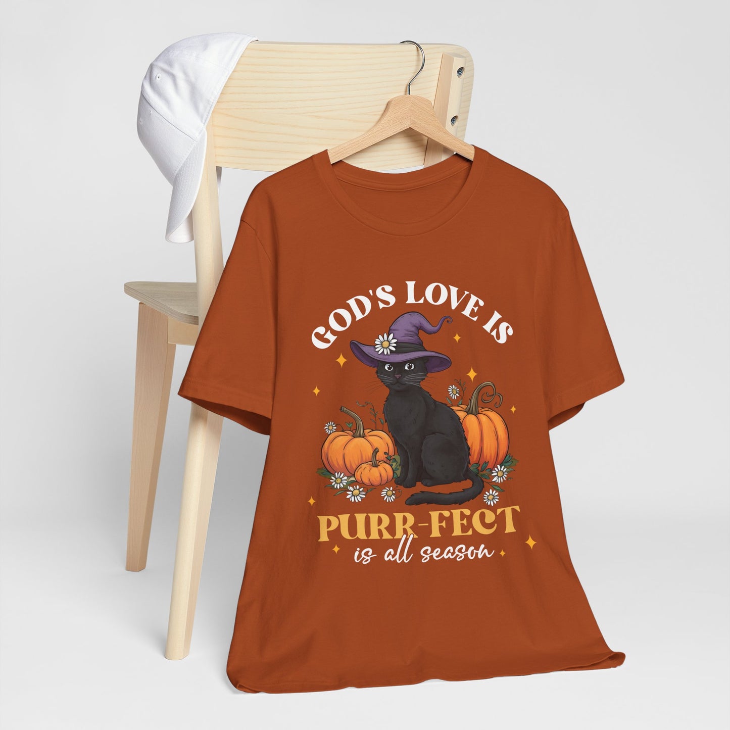 God’s Love Is Purr-fect Shirt – Cute Christian Black Cat Pumpkin Fall Faith Tee