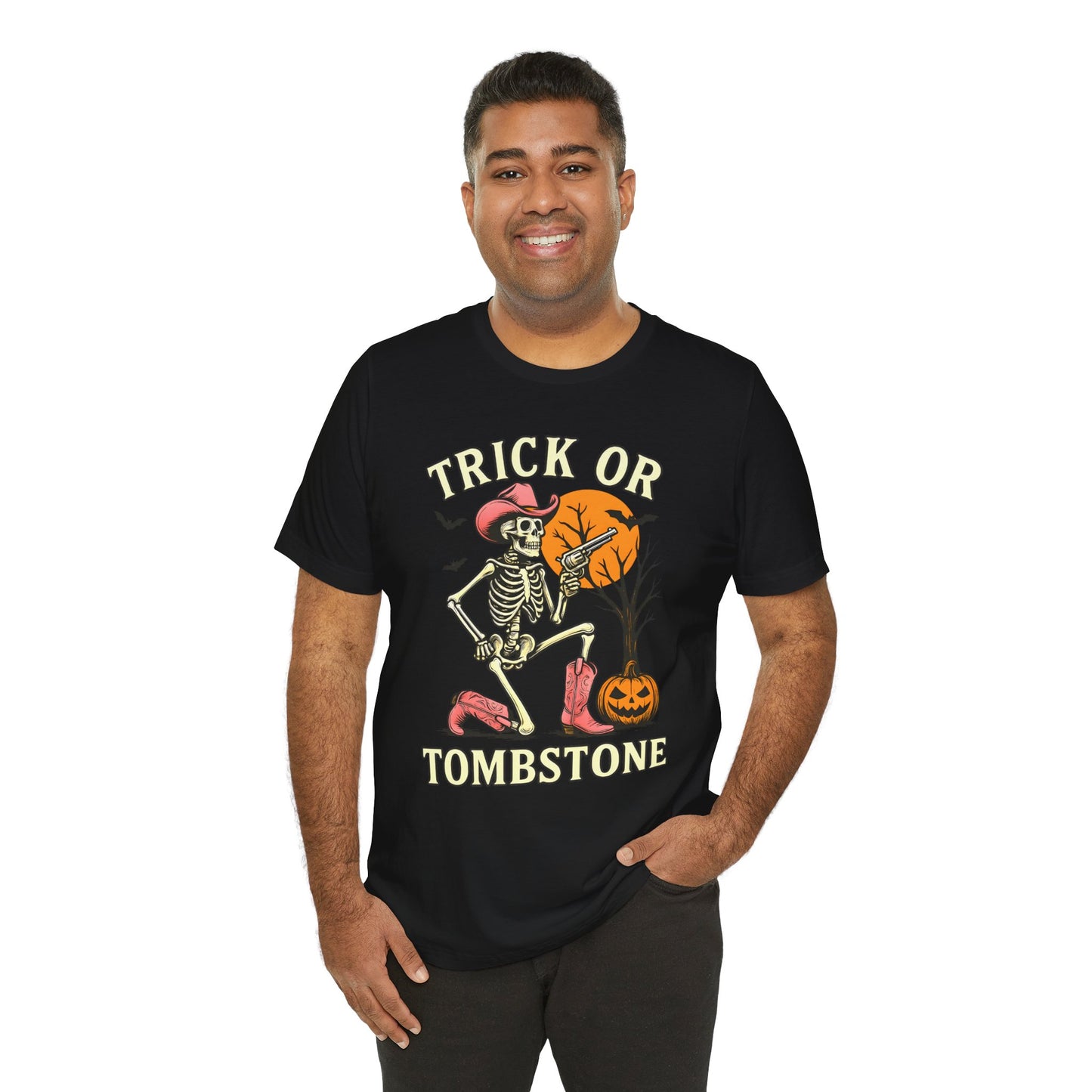 Trick or Tombstone Shirt Funny Skeleton Cowboy Halloween Tee, Spooky Western Rodeo Outfit