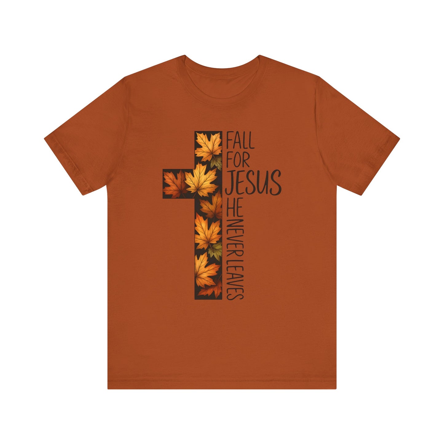 Fall for Jesus He Never Leaves Shirt – Retro Christian Cross Thanksgiving Tee