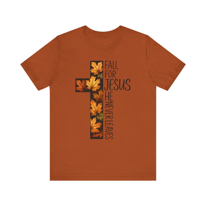 Fall for Jesus He Never Leaves Shirt – Retro Christian Cross Thanksgiving Tee